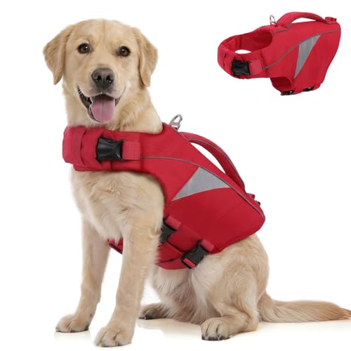 Queenmore Large Dog Life Jacket,Reflective Dog Life Vest for Extra Large Dogs with High Buoyancy, Pet Lifesaver Vest for Swimming Boating,Lightweight Doggy Jackets with Rescue Handle(Red,2XL)