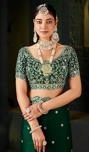 Buy DHARMEE Women's Silk Saree with Embroidered Blouse Piece, Traditional Parte Wear with Gold Border and Hand Work Lace Embellished, Solid/Plain, Applique, Woven, Satin Saree (Green) at Amazon.in - Image 8