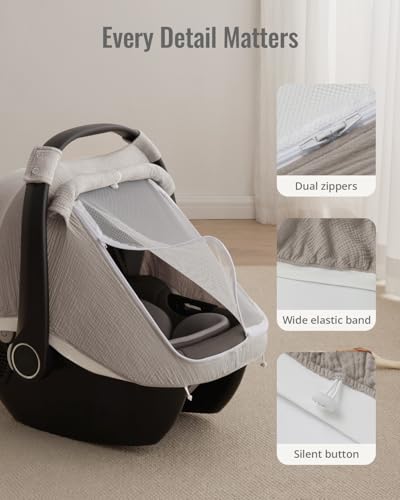 Blissful Diary Baby Car Seat Cover, Extra Large Mesh Window, Breathable Muslin Cotton, Infant Windproof Canopy, Must-Have Baby Gift - Image 8