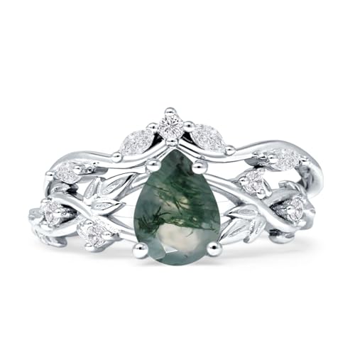 OMRANII Two Piece Pear Teardrop Natural Green Moss Agate Leaf Infinity Twisted Curved Band Bridal Set Vintage Style Wedding Engagement Ring 925 Sterliing Silver