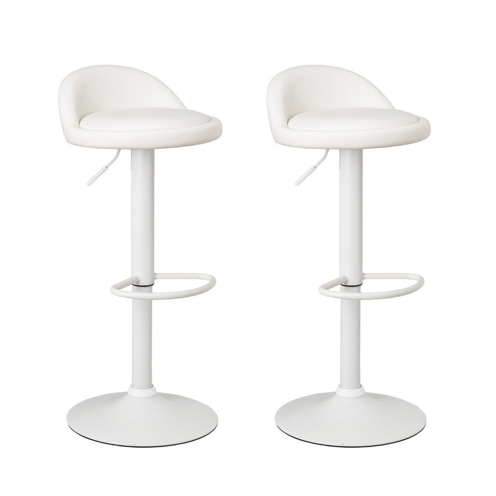 LOLAhome Set of 2 360° Swivel Kitchen Stools Set of Bar Chairs Height Adjustable from 72 to 92 cm, with Leatherette Back, White Metal Frame and Footstools, White