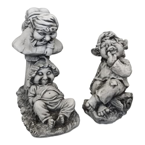 gartendekoparadies.de GNOME Freunde fürs Leben - Set, Steinfigur Wichtel, H. 48 cm / 36 cm, 32 kg / 15 kg, Grau, frostsicher aus Steinguss für Außenbereich