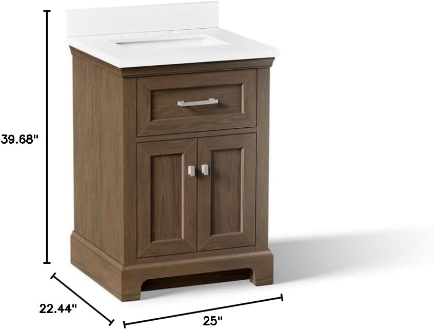 Kohler 29259-BD1-DAK Charlemont 24 in. Bathroom Vanity Cabinet with Sink and Quartz top, Draper Oak