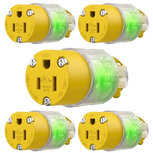 5 Packs Lighted Extension Cord Ends Replacement Female Plug 3 Prong 15A 125V NEMA 5-15R, Electrical Replacement Plug,Female Extension Cord Ends, 15 Amp Electric Plugs, UL Listed,Yellow