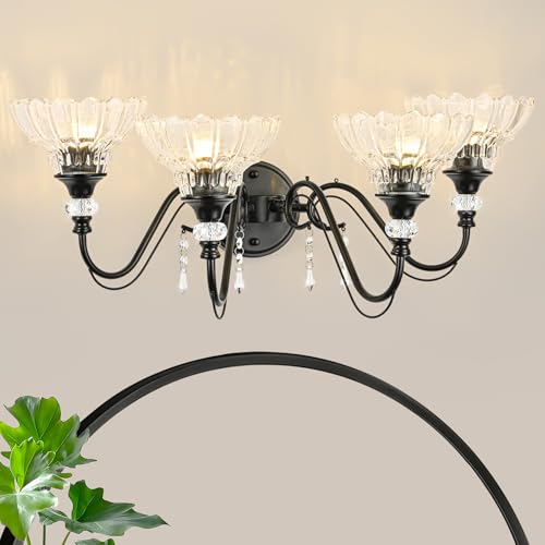Image of Black Bathroom Vanity Light, 4-Light Matte Black Finish Farmhouse Wall Sconce with Hanging Crystal Accents and Flower-Shaped Clear Glass Shades, Retro Wall Mount Vanity Light Over Mirror for Bathroom