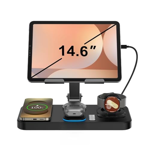 Image of Wireless Charger for Samsung, 30W Foldable Fast Charging Station with Clock /7-Color Light for Tablet Stand, for Samsung S25, Wireless Watch Charger Only Compatible with Galaxy Watch 7 /6 /5, Buds-Black