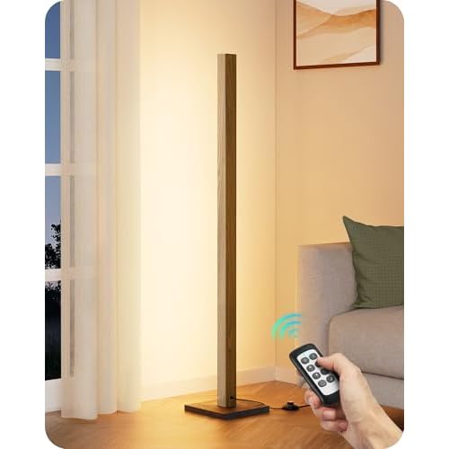 EDISHINE Wood LED Corner Floor Lamp, Modern Dimmable Light with Remote, Minimalist Standing Floor Lamps for Living Room, Bedroom, Office, 7 Color Temperature 2700~6000K, 48.43" Natural