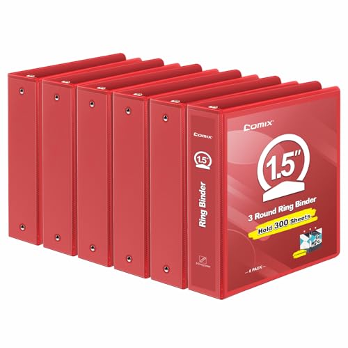COMIX 3 Ring Binder 1.5 inch with Clear View Cover 1.5 View Binder Holds 300 Sheets of US Letter Size Paper 6 Pack (Red)