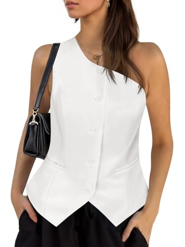 Cicy Bell Womens One Shoulder Blazer Vest Summer Fitted Button Down Waistcoat Trendy Work Sleeveless Suit Tops