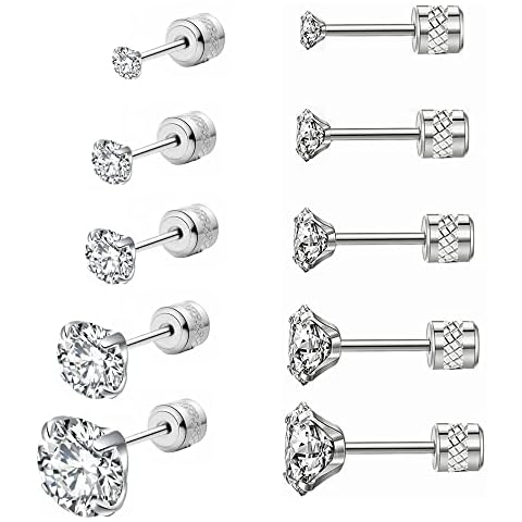 5 Pairs Screw Back Stud Earrings,Hypoallergenic Stainless Steel Cubic Zirconia Double Sided Ear Ringing for Women Men Cartilage Tragus Earring 2-6mm(Silver) Cover