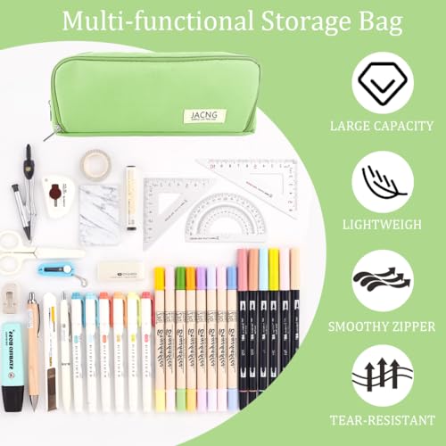 Image of Large Pencil Case Big Capacity Zippered Pencil Pouch with 3 Compartments Portable Desk Organizer Pen Holder Multi-functional Cosmetic Makeup Pouch for Home School Office Supplies Light Green