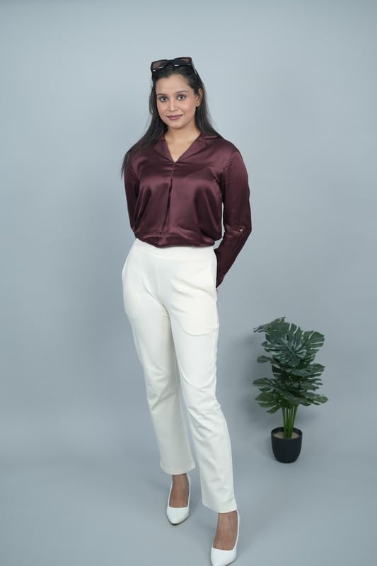 Image of Mlada Straight Fit Cigarette Pencil Pants Elastic Waist Band Mid High Waist Formal Office Trousers for Women, Pockets for Travel Stretch Cotton Knit Full Length Regular /Plus Size