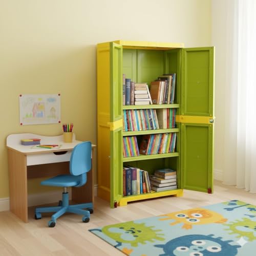 Image of Cello Novelty Big Bookshelf, Green & Yellow | 2 Dustproof Doors | Space Saving Cupboard | Plastic Book Shelf | Multipurpose Book Shelf for Home, Office | Book Organizer for Library