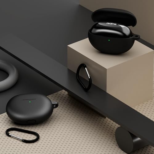 Image of Sounce Silicone Case Cover for Realme Buds Air 5 Pro, Portable Non-Slip Grip & Scratch-Resistant Protector with Carabiner Clip Full Protection Water Resistant, Shockproof Cover - Black