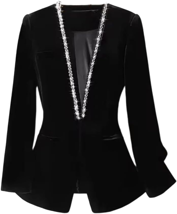 Women's Fleece Rhinestones Beaded Blazers Coat V-Neck Solid Thick Office Lady Suit Jacket