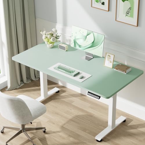 Image of Veken 55 Inch Large Electric Standing Desk, 4 Memory Heights Adjustable,Sit to Stand Up, Work Home Office Computer Table for Study, Walking Pad, Writing, and Games, Wooden Desktop Desks, Green