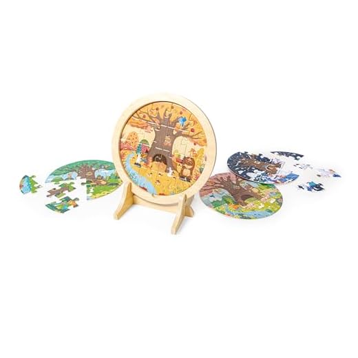 Hape 4-Jahreszeiten-Lagenpuzzle - Puzzle-Set mit Szenen aus Frühling, Sommer, Herbst und Winter, Lernpuzzle aus Holz, zur Förderung von Motorik, Logik und Wahrnehmung, für Kinder ab 3 Jahren