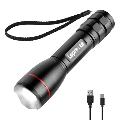 Lepro Lampe Torche Rechargeable, 1000 Lumens Lampe de Poche Ultra Puissante, 5 Modes d'éclairage, Étanche IPX4, Zoomable, Torche LED Rechargeable pour Ménage Camping Randonnée Urgence