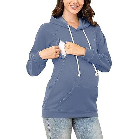 PARNIXS Winter Women's Thicken Maternity Clothes Nursing Sweatshirt Breastfeeding Hoodie with Pockets（Padded ）, Small Dusty Blue Cover