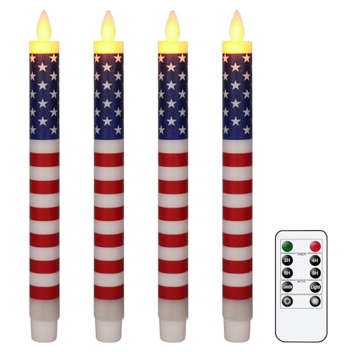 Image of Wondise Patriotic Flameless Taper Candles with Remote & Timer, Red, White & Blue Battery Operated Real Wax LED Flag Candles for Independence Day Decoration (D0.78 x H9.5 Inches)