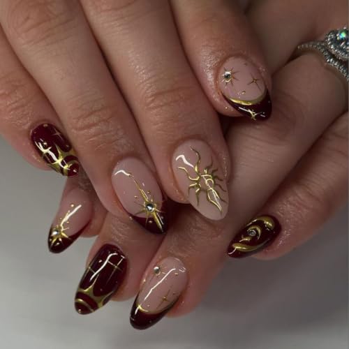 Image of Dark Red Press on Nails Short Almond Fake Nails Gold Sun Star False Nail | with Rhinestone Design French Tip Nail Press ons Glossy Full Cover Nude 3D Gold Line Stick on Nails for Women Manicure 24Pcs