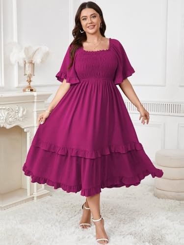 Image of SCOMCHIC Women's Plus Size Maxi Dresses Summer Short Sleeve Square Neck Smocked Wedding Guest Cocktail Boho Long Dress