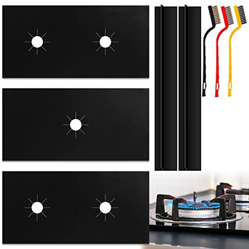 3Pcs Plaque de Cuisson à Gaz Protection en Téflon, Gaziniere Gaz Protection, Cuisinière à Brûleurs Gaz Protection, Tapis de Cuisinière à Gaz Réutilisables avec 3 Brosses en Acier et 2 Bandes D'espacem