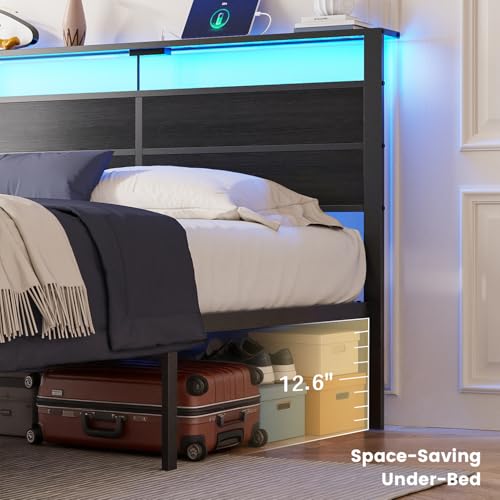 Image of King Size Bed Frame with LED Lights and Charging Station | Black Metal Platform Bed with Wood StorageHeadboard, Sturdy Slats, No Box Spring Needed, Noise Free, Easy Assembly