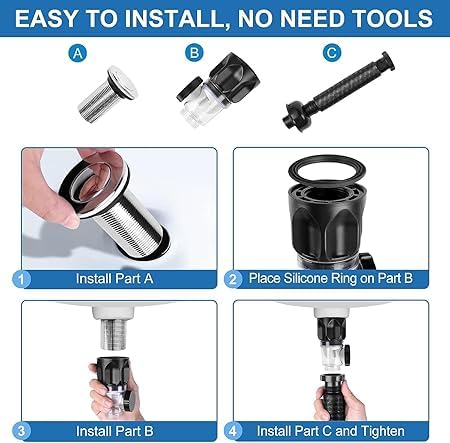 NH Fashion Hub 2 in 1 Sink Drain Kit with Flexible Expandable P-Trap Sink Drain Pipe Tube Anti-Odor Bathroom Sink Drain Pipe, Drain Hole, Built-in Anti-Clogging Stopper, Black Bathroom Sink Drain. 1
