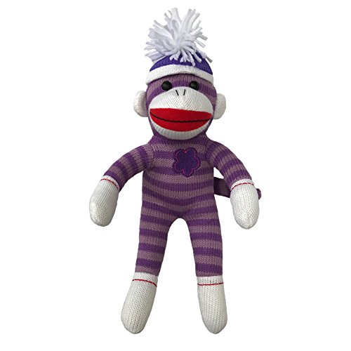 Sock Monkey Plush by ColorBoxCrate 12 inch Purple Flower Sock Monkey, Embroidered Flower Sock Monkey, Classic Purple Sock Monkey with Purple Stripes Red Lips and Pom Pom Tossle Hat - Perfect Gift