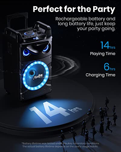 Moukey Karaoke Machine, 10\" Woofer Portable PA System, Bluetooth Speaker with 2 Wireless Microphones, Lyrics Display Tablet Holder, Party Lights & Echo/Treble/Bass Adjustment Support REC/AUX/USB/TF