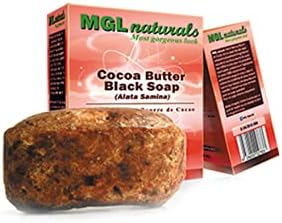 MGL Naturals Raw African Black Soap All-natural handcrafted soap made with cocoa butter for its nourishing and moisturizing properties. Deep cleanse refreshing bath and gorgeous smooth skin. 5.3oz