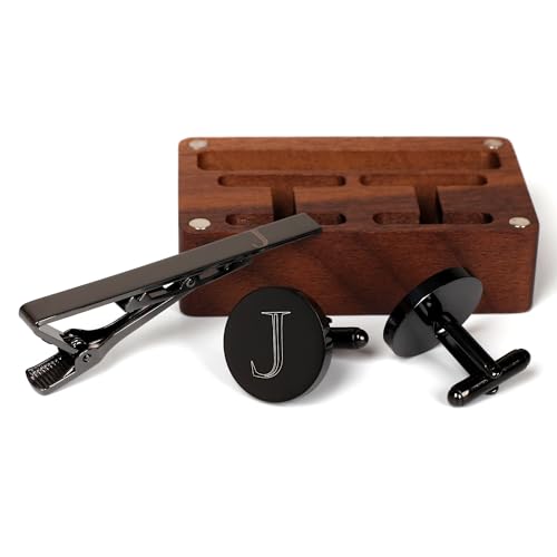Image of Mens Initial Cufflinks and Tie Clip A-Z Alphabet Letter Black Stainless Cuff Links Tie Bar with Engraved Walnut Wood Box Groom Groomsman Wedding Set