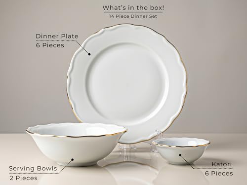 Image of Bodhi House 14-Piece Gold Rim Porcelain Dinner Set | Plates & Bowls Set | Lightweight, Chip Resistant, | Dishwasher Safe | Ideal for Home Dining & Gifting Tableware Set | White