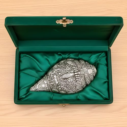 Image of Silver Plated Virat Roop Vishnu Shankh - 8.5 Inches Antique Finish Decorative Conch Shell with Detailed Religious Engravings - Vastu Pooja Item for Home Mandir - Symbol of Wealth and Luck