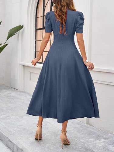 Image of Shasmi Girl's & Women's Solid Color V-Neck A-Line Maxi Dress for Women | New Year Party Outfit | Waist Cinched Puff Sleeve Western | Elegant Casual Wear (Dress 246)