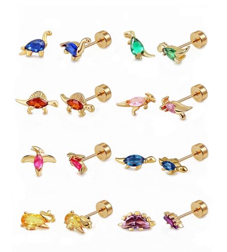 Ngiftey 8 Pairs Screw Back Stud Earrings, Gold Plated | Hypoallergenic, 20G Surgical Stainless Steel, Flat Back, Designed for Sensitive Ears, Cute Dinosaur Cartilage - image 1