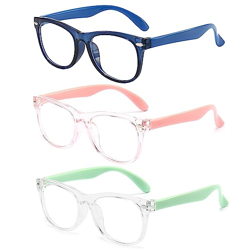 FANNYGO 3 Pack kids Blue Light Blocking Glasses For Girls And Boys Computer Blue Light Blocking Glasses For Age 3-9 (Dark blue + Light pink +Light green)