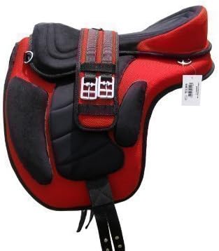 Skora Horse Treeless Freemax Saddle, 16" Wide, Red Color Seat with Matching Girth (Square Pattern)
