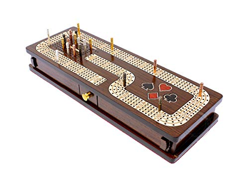 Tablero/Estuche Continuo de Cribbage House of Cribbage - 4 Pistas, Incrustado en Madera Wenge y Arce: Cajón para Tarjetas y Clavijas con Campos de Marcación para Skunks, Esquinas y Partidas Ganadas miniatura 5