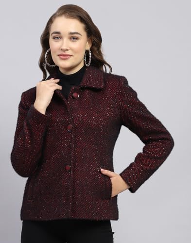 Image of Monte Carlo Womens Self Design Maroon Collar Neck Full Sleeve Coat