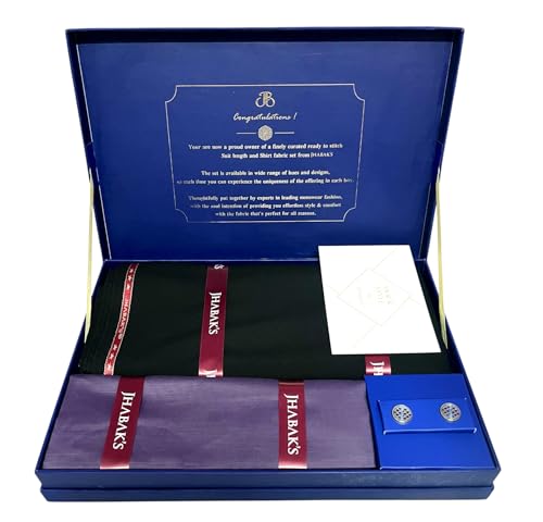 Image of JHABAK'S Men's 100% Pure Cotton Unstitched 1.7 Meters Shirt Piece - 3.25 Meters Suit Fabric Set with Cufflinks (Multicolour, All Weather Fabric, Attractive Box)