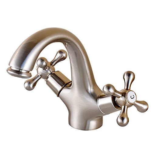 Rozin Double Cross Knobs Bathroom Sink Faucet Deck Mount One Hole Vanity Basin Mixer Tap Brushed Nickel