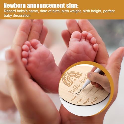 Baby Ankündigungsschild, 15cm Doppelseitig Holz Hallo Welt Baby Holzschild Meilensteinkarten Baby mit Stempelkissen Markern für Krankenhaus Kinderzimmer Dekoration Foto-Requisiten Andenken
