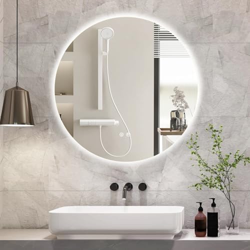28 Inch Round LED Bathroom Mirror Backlit Anti-Fog Wall Mounted L...