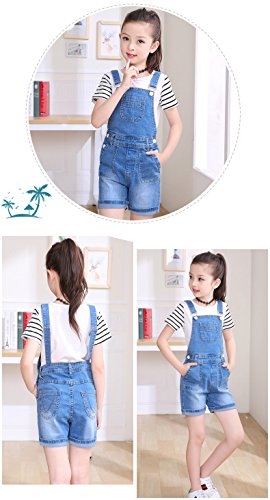 Sitmptol Girls Little Kids Distressed BF Jeans Cotton Denim Ripped Bib Overalls 130 Light Blue - Thumbnail 3