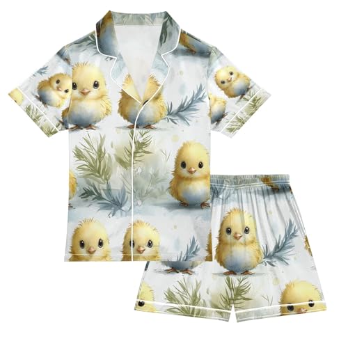 senya Chicken Pattern Yellow Satin Summer Pajama Sets Silk Short Sleeve Button Down Sleepwear