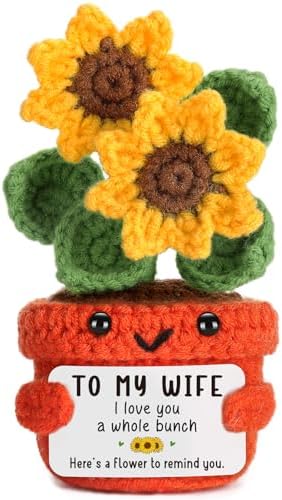 LuoHere Valentines Funny Gifts for Wife Birthday Anniversary Romantic Gift for Her Wife Women I Love You Cute Mothers Day to My Best Wife Ever Handmade Crochet Sunflower from Husband