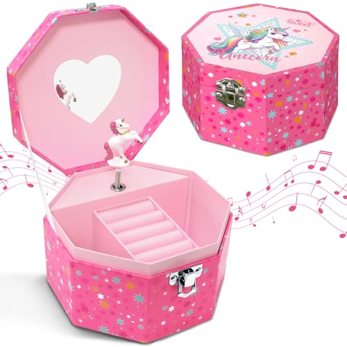 Enhörning Smyckeskrin med Musik för Flickor, Smyckeskrin med Spegel med Snurrande Enhörning Födelsedagspresenter för Små Flickor 15,2 x 11,8 x 8,9 cm Ålder 3–10 år