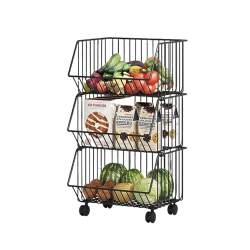 haoyunjianjiak スタッキングバスケット キッチンワゴン 収納カート 4段 ワイヤーバスケット 果物と野菜の保管 多機能収納バスケット バスケットワゴン キャスター付き 多機能 収納カゴ 収納ラック 大容量 (ブラック,3層(車輪付き)) [並